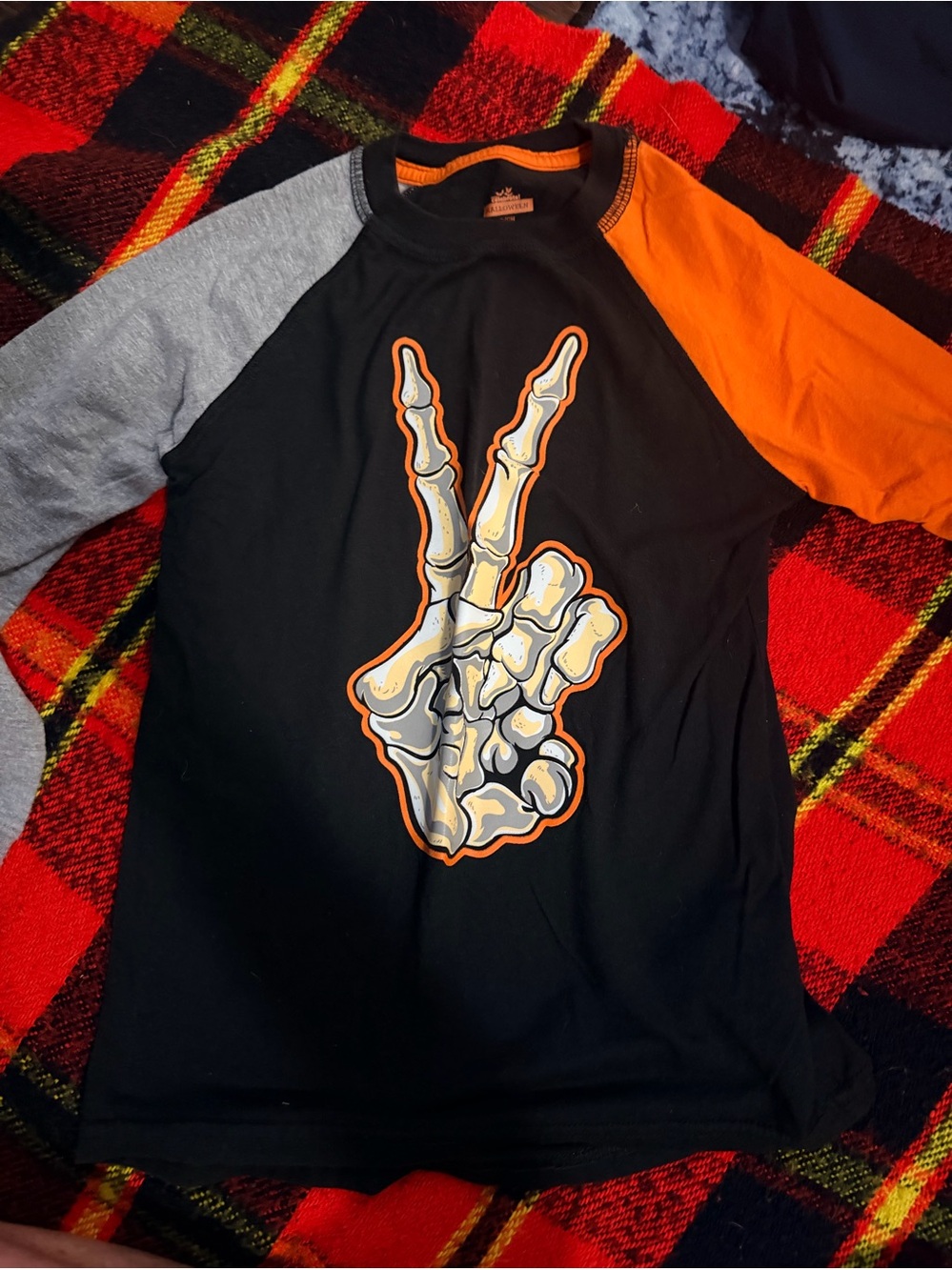 Kids Black Raglan Tee with Orange & Gray Sleeves and Skeleton Peace Graphic